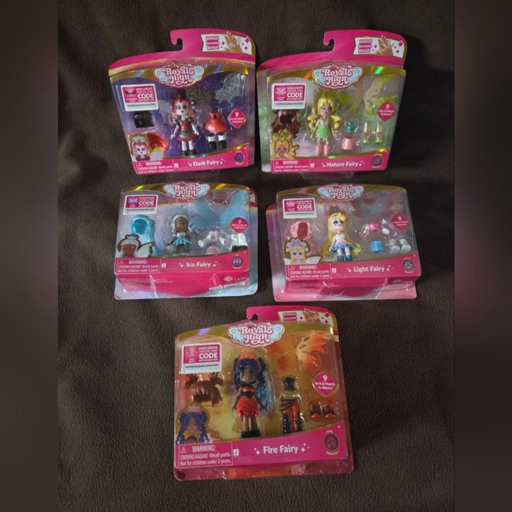 Royale High Dark Fairy, Nature Fairy, Ice Fairy, Light Fairy & Fire Fairy. New.